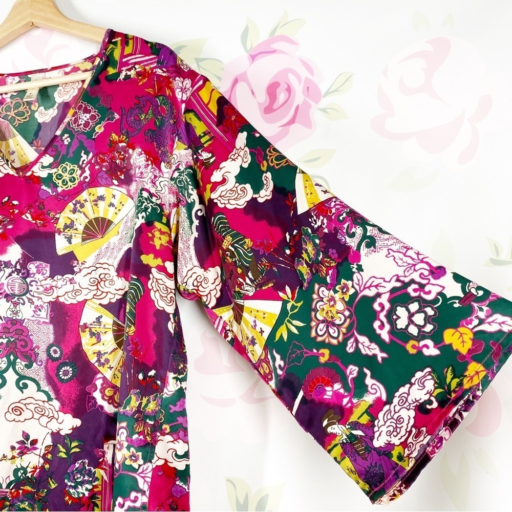 Cruz Natori Asian Floral Print Hot Pink Kimono Lounge House Dress S - Picture 5 of 12